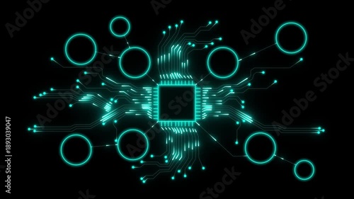 Circuit hud frame. Glowing circuit board with interconnected nodes and central processor with cyan light. Futuristic artificial intelligence circuit board with glowing blue processor background