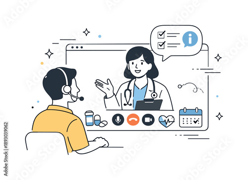 Telemedicine Connection. Telemedicine consultation. A healthcare professional speaks with a patient through a video call interface, sharing clear information