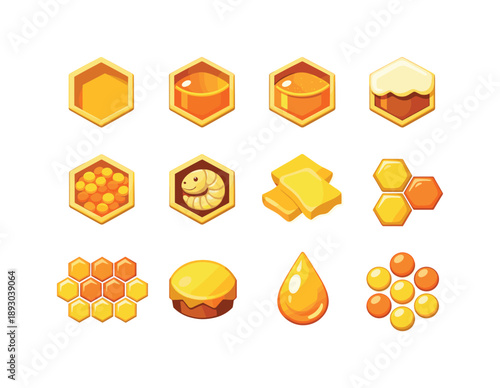 Inside the Honeycomb. Inside the Honeycomb. Colorful flat vector icons set of Inside the Honeycomb: empty cell, nectar cell, ripening honey cell, capped honey