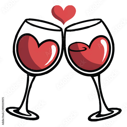 Two wine glasses with red wine in heart shapes and small heart above for romantic celebration or wedding toast on transparent background or valentines day dinner party and anniversary event