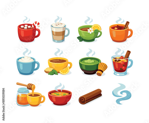 Warm Drink Icons. Warm Drinks. Colorful flat vector icons set of Warm Drinks: hot cocoa mug, chai latte, herbal tea cup, mulled cider, steamed milk, ginger