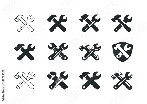 DIY Tools Icon Set. DIY home improvement projects. Icon set. Set Logo of DIY home improvement projects: hammer and wrench crossed. harmonious logo variations