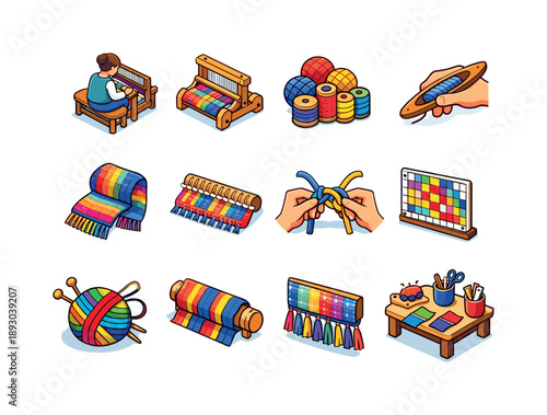 Hand Weaving Icons. Hand Weaving. Colorful isometric vector icons set of Hand Weaving: artisan weaver, tabletop loom, colorful yarn, shuttle in hand, woven