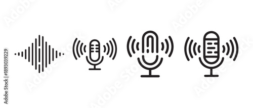 Audio Voice Recording and Podcast Microphone Icons. with Sound Wave Frequencies for Digital Media.