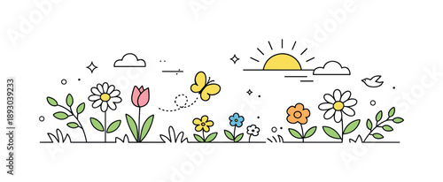 Spring Banner Design. Spring banner design. A wide horizontal scene with blooming flowers, fresh leaves, and gentle sunlight spreading across the composition.
