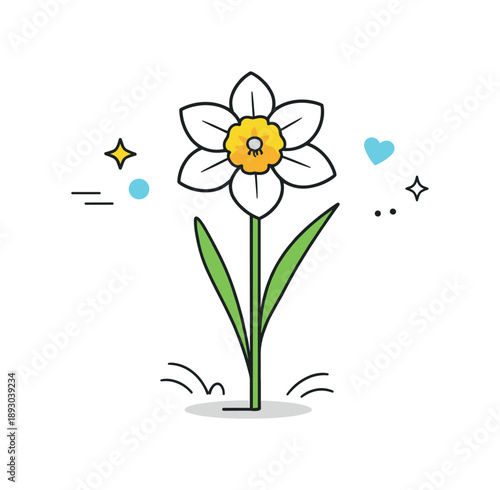 Daffodil Serenity. Daffodil illustration. Single daffodil flower with soft petals and a slender stem, standing calmly in a clean, airy composition. Gentle