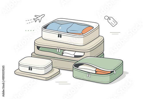 Organized Travel Packing. Neutral packing cubes for travel. Several packing cubes stacked and partially opened, folded clothes hinted inside with simple