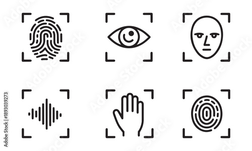 Biometric Security Icons Set. Fingerprint, Eye Scan, Face Recognition, Voice, Handprint isolated on white background.