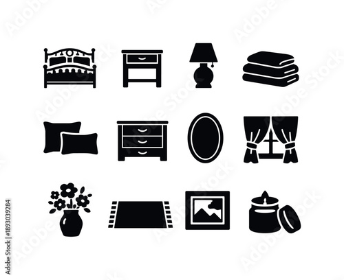 French Bedroom Icons. French country bedroom. Solid icon set of French country bedroom: wrought iron bed, bedside table, table lamp, linen bedding, decorative