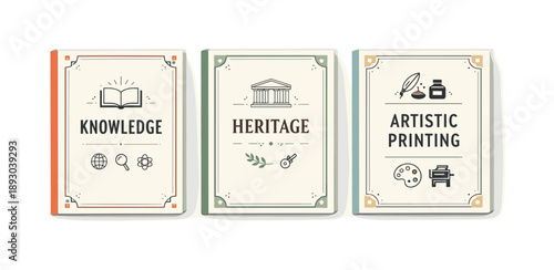 Vintage Book Collection. Neutral vintage cover collection. A group of books displayed like collector?s items, clean titles and vintage frames in soft muted