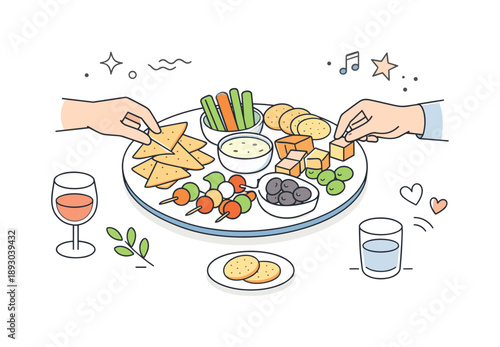 Social Appetizer Sharing. Appetizer plate ? shared table. Appetizer plate placed at the center, designed for sharing, conveying social dining and light