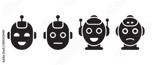 Robot Head Emotions Icons Set. Happy, Neutral, Smiling, and Sad AI Bot Avatars.