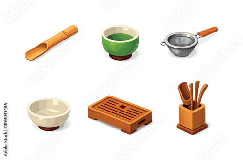 Isometric Tea Icons. Tea Accessories. Isometric flat vector icons set of Tea Accessories: bamboo tea scoop, ceramic tea cup, tea strainer tool, tasting bowl,