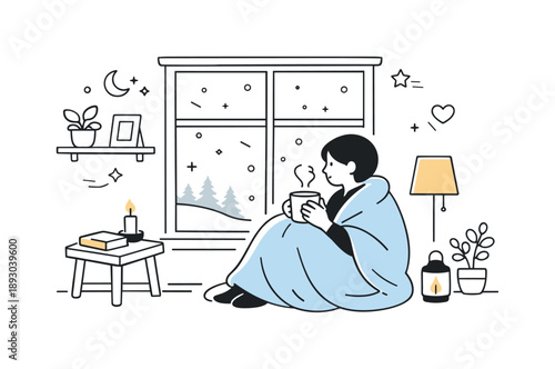 Cozy Winter Retreat. Cozy winter atmosphere. A warm interior scene with a person sitting by the window, wrapped in a blanket and holding a hot drink. Snow