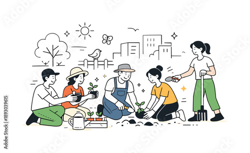 Community Garden Unity. Community gardening lifestyle. Neighbors planting seedlings together in a shared garden, exchanging tools and smiling. Calm cooperation