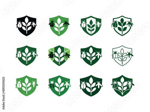 Organic Pest Management Icons. Organic pest management. Icon set. Set Logo of Organic pest management: plant shield against insects. harmonious logo variations