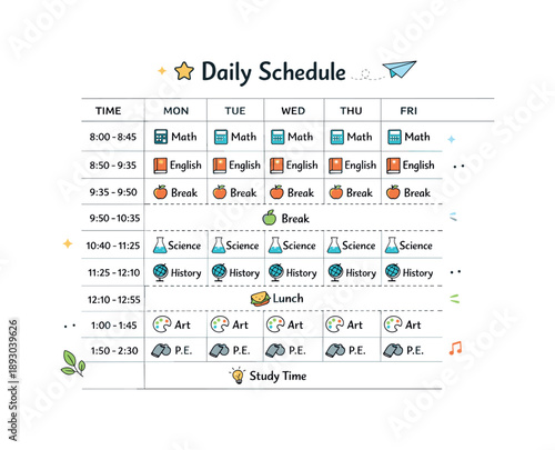 Organized School Timetable. Daily school schedule. A clean timetable board showing classes, breaks, and activities in an organized grid. Focused learning
