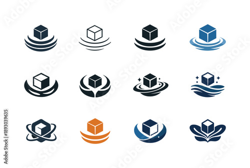 Weightlessness Symbol Variations. Weightlessness. Icon set. Set Logo of Weightlessness: floating cube. harmonious logo variations of the same emblematic