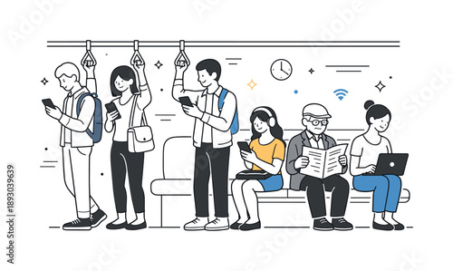 City Commuters Journey. City commuters public transport. Passengers standing and sitting inside a bus or metro, holding handrails and phones. Quiet focus and