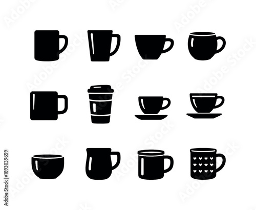Coffee Mug Icons. Coffee mug variations. Solid icon set of coffee mug variations: classic mug, tall mug, wide mug, round mug, square mug, travel mug, espresso