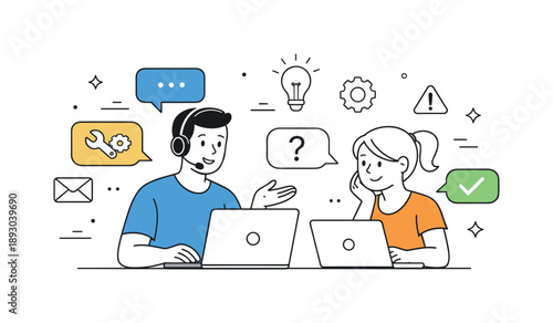 Tech Support Assistance. Tech support scene. Support specialist helping a user via laptop and headset, calm assistance and problem solving. Friendly editorial