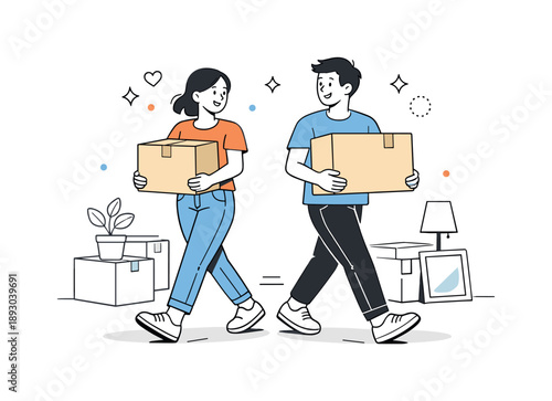 New Beginning Together. Moving in together illustration. A couple carrying boxes into a new apartment, smiling and coordinating their steps. Calm sense of