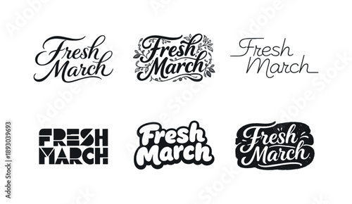 Diverse Lettering Styles Grid. Fresh March Aesthetic. Set lettering. harmonious lettering variations of the same emblematic concept, each with different