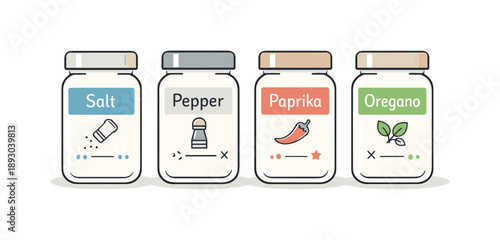 Minimalist Spice Jars. Spice jars minimal. A small set of spice jars with simple labels arranged neatly in a row, clean shapes and subtle lids. Calm kitchen