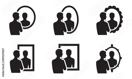 Man Looking in Mirror Shapes, Isolated on White Background.