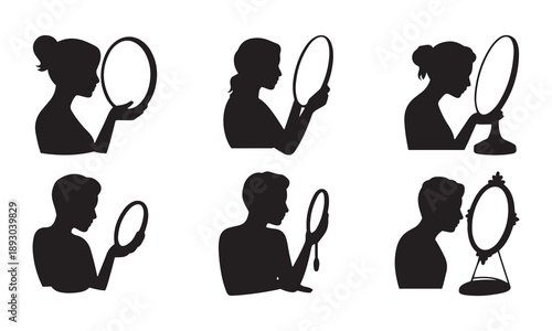 People Silhouettes Looking in Mirrors, Self-Reflection Set, Isolated on White Background.