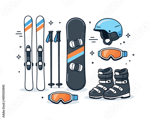 Winter Sports Equipment. Winter sports equipment set. A clean layout of skis, snowboard, helmet, goggles, and boots arranged with light shadows. Clear visual