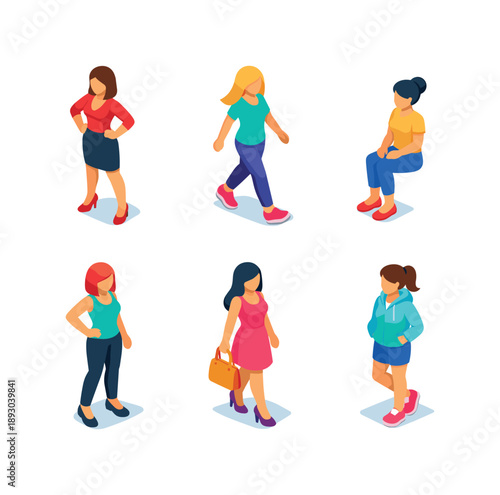 Isometric Women Silhouettes. Women characters silhouettes. Isometric flat vector icons set of women characters silhouettes: confident standing woman