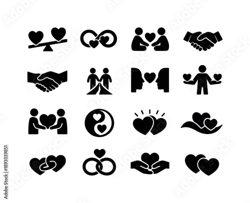 Harmony Icon Set. Relationship harmony. Solid icon set of Relationship harmony: balanced hearts, unity loop, peaceful interaction, cooperative hands, shared