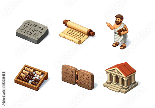 Ancient Learning Icons. Ancient Education. Isometric flat vector icons set of Ancient Education: stone tablet with carvings, papyrus scroll, ancient teacher