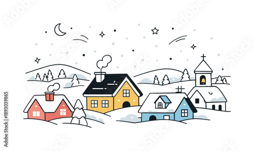 Cozy Winter Rooftops. Snow and winter backdrop. Editorial winter scene with stylized rooftops, snow-covered landscape and light snowfall in the background,