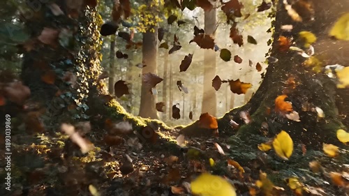 Autumnal Forest Scene - Falling Leaves and Sunlight Through the Trees.