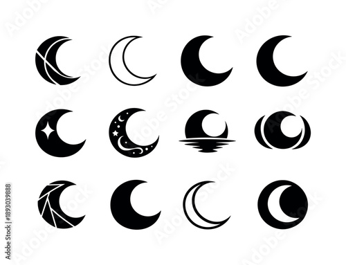Crescent Moon Icons. Black. Icon set. Set Logo of black: crescent moon in deep black. harmonious logo variations of the same emblematic concept, each with