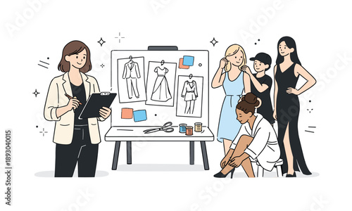 Fashion Design Process. Fashion designer showcase. Designer standing by runway or sketches, reviewing outfits and visual concepts while models prepare,
