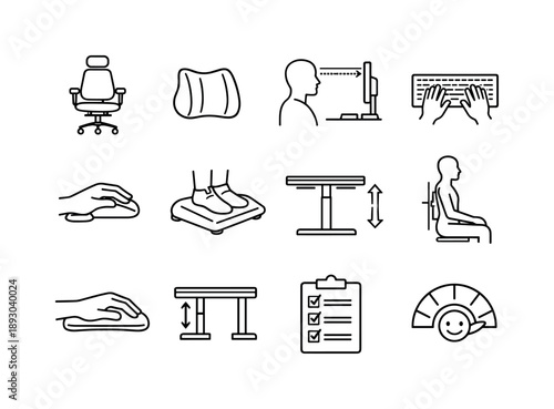 Ergonomic Workspace Icons. Ergonomic workspace. Line icon set of Ergonomic workspace: adjustable chair, lumbar support, monitor at eye level,