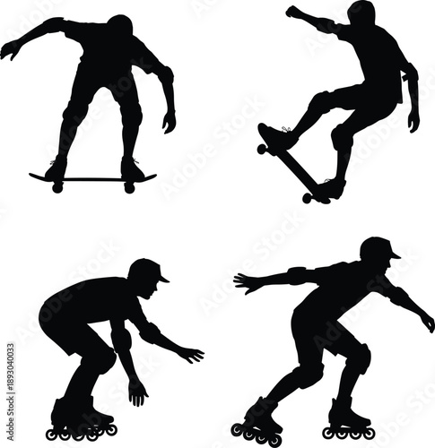 Extreme sports silhouettes, skateboard and roller skating tricks, urban action fitness vector illustration set