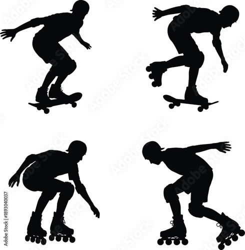 Skateboard roller skating silhouettes, athletes performing tricks, urban extreme sport action vector illustration set design