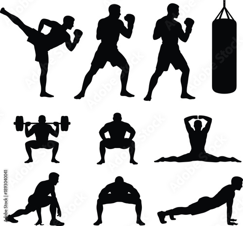 Martial arts fitness silhouettes, boxing training strength exercises, workout sport action vector illustration set
