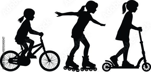 Kids outdoor activity silhouettes, children riding bicycle skating scooter, active play lifestyle vector illustration design