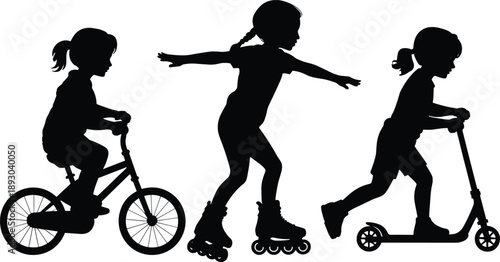 Kids outdoor activity silhouettes, children riding bicycle skating scooter, active play lifestyle vector illustration