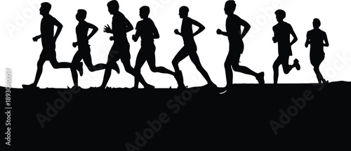 Running group silhouettes, men women jogging together, outdoor fitness training sport vector illustration design collection