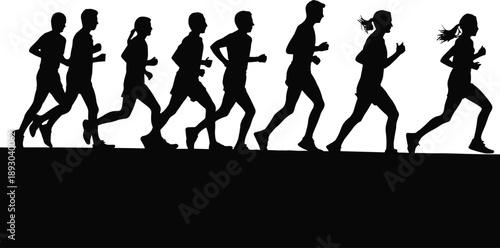 Running group silhouettes, men and women jogging together, fitness training outdoor sport vector illustration