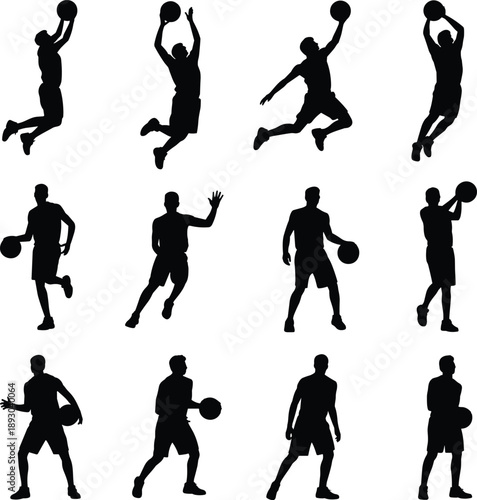 Basketball player silhouettes, athletes jumping shooting dribbling, dynamic sport action vector illustration set collection design