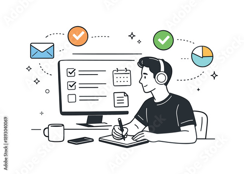 Focused Remote Workflow. Remote productivity. A focused worker reviewing tasks and checklists on a screen, clear workflow and calm concentration. Clean digital