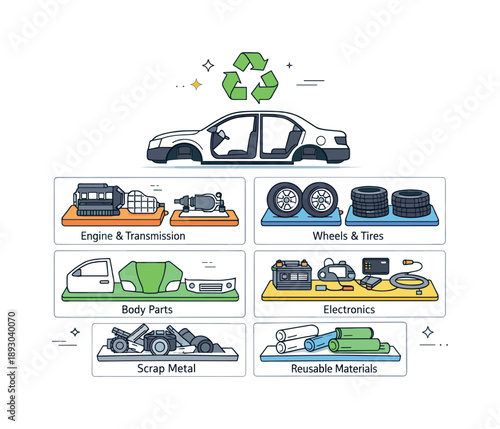 Eco-Friendly Car Recycling. Recycling end-of-life vehicles. A simplified car is dismantled into reusable components placed into organized sections. Circular