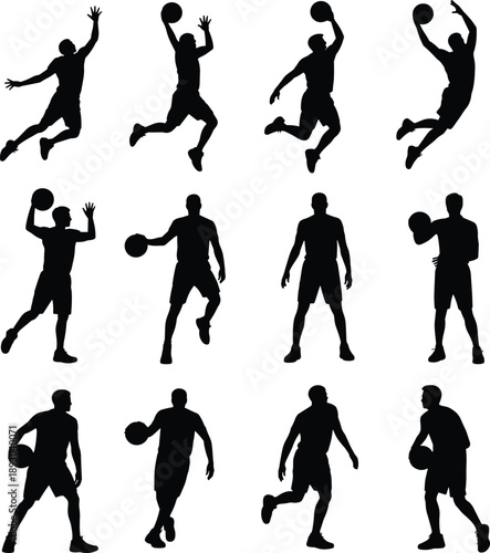 Basketball player silhouettes, athletes jumping dribbling shooting, dynamic sport action vector illustration set